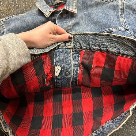 Levi’s Denim Buffalo Plaid Lined Trucker Jacket Mens Medium VTG 90s 80s Blue Red - Picture 6 of 12